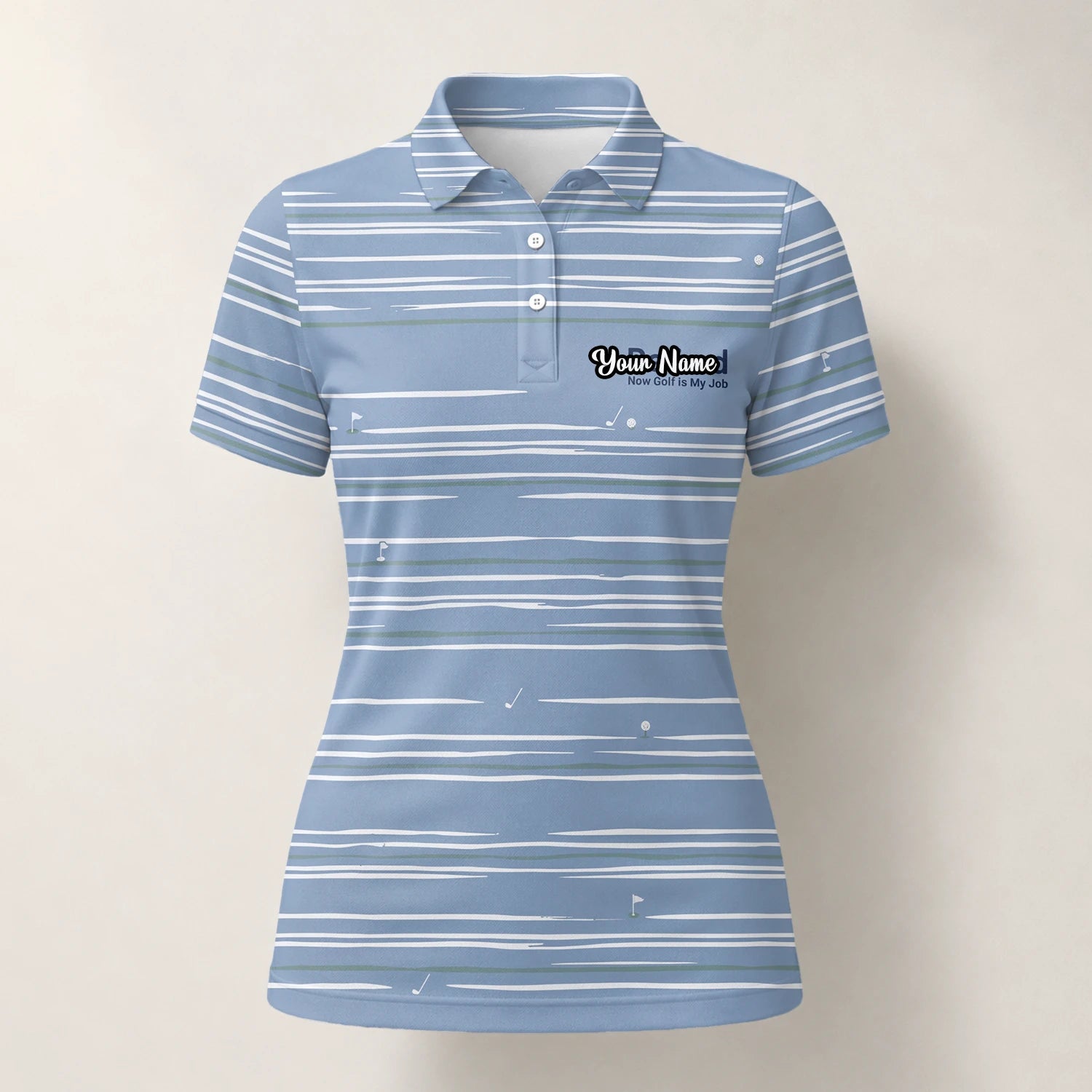 Personalised Powder Blue White Abstract Stripe Golf Polo Shirt For Women F9706