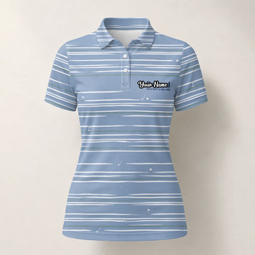 Personalised Powder Blue White Abstract Stripe Golf Polo Shirt For Women F9706