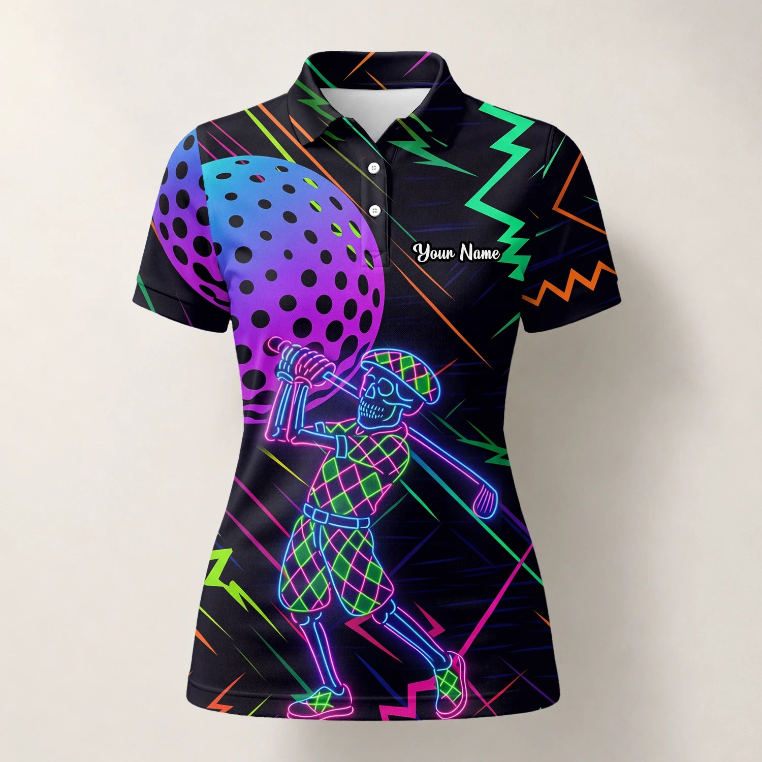 Personalised Black Neon Golfer Wireframe Golf Polo Shirt For Women L1481