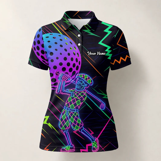 Personalised Black Neon Golfer Wireframe Golf Polo Shirt For Women L1481