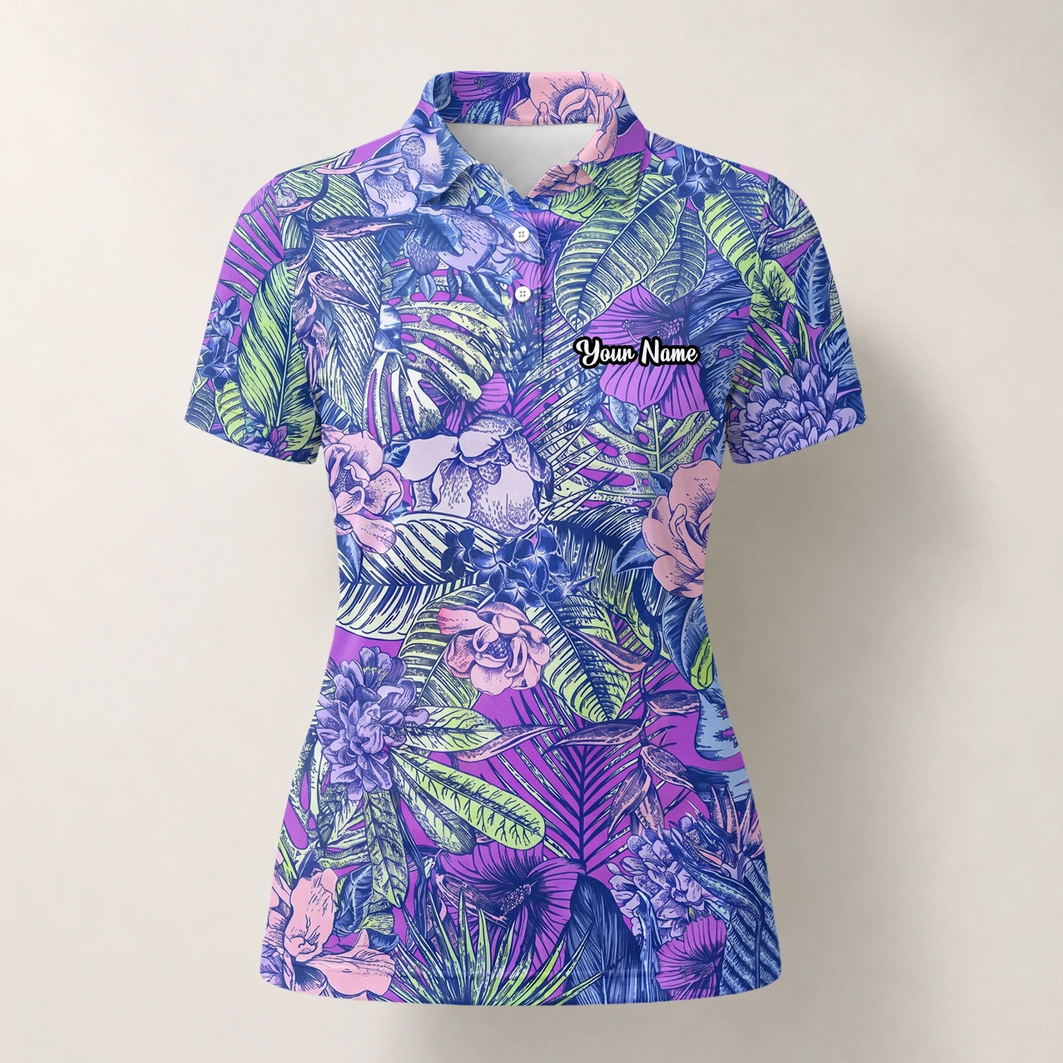 Personalised Purple Blue Tropical Floral Leaf Golf Polo Shirt For Women B8037