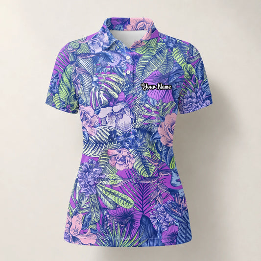 Personalised Purple Blue Tropical Floral Leaf Golf Polo Shirt For Women B8037