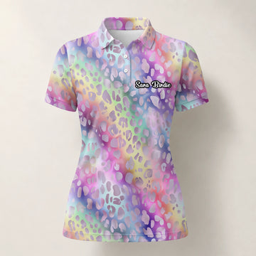 Personalised Pastel Rainbow Leopard Print Golf Polo Shirt For Women E5373