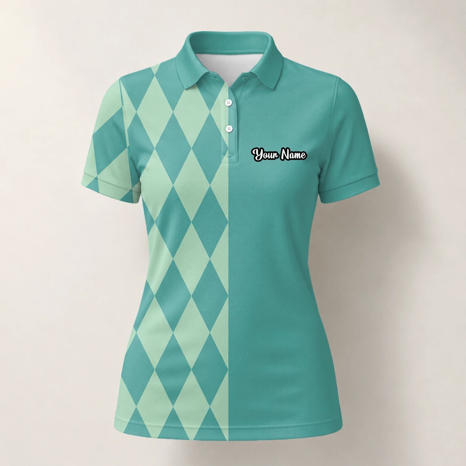 Personalised Teal Mint Argyle Golf Polo Shirt For Women A8483