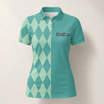 Personalised Teal Mint Argyle Golf Polo Shirt For Women A8483