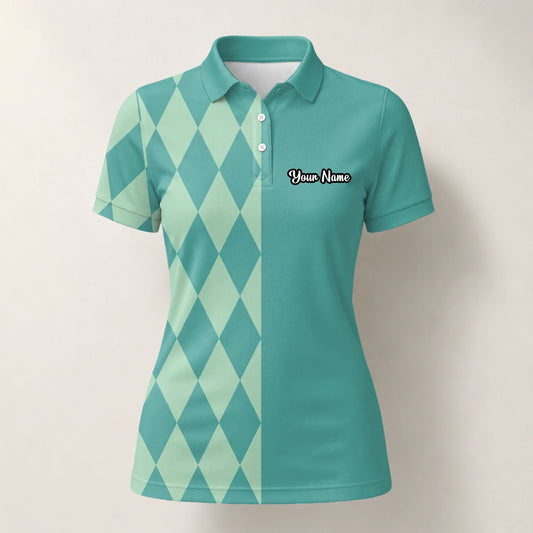Personalised Teal Mint Argyle Golf Polo Shirt For Women A8483