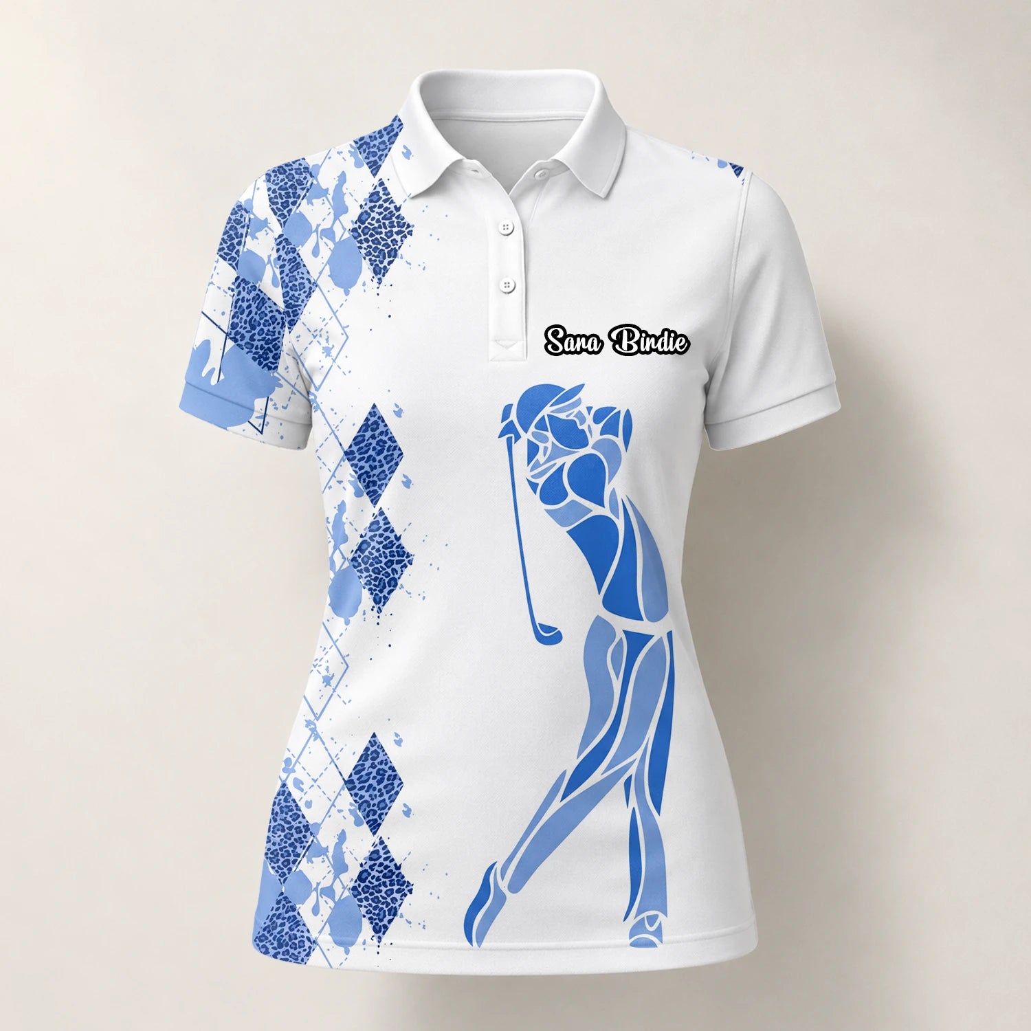 Personalised White Blue Argyle Golfer Silhouette Golf Polo Shirt For Women V2037