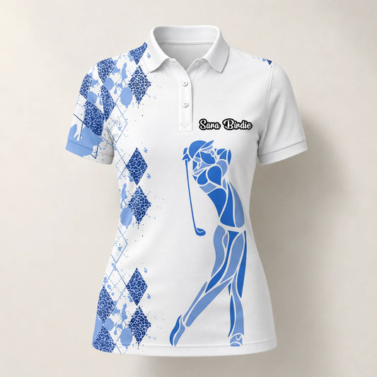 Personalised White Blue Argyle Golfer Silhouette Golf Polo Shirt For Women V2037