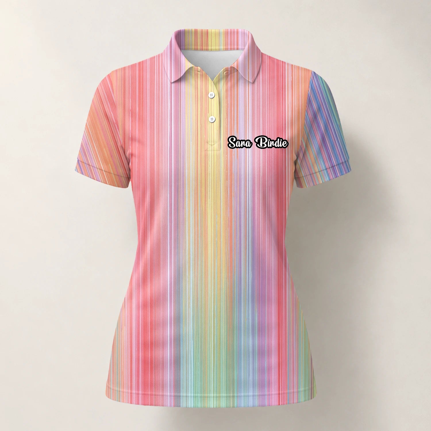 Personalised Pastel Rainbow Stripe Golf Polo Shirt For Women C5307