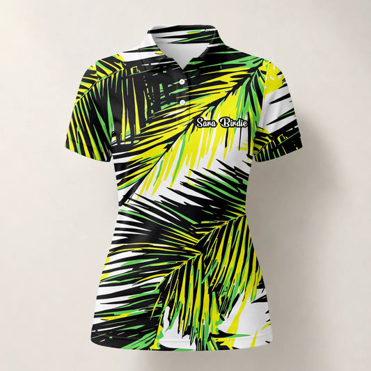 Personalised Black Lime Tropical Palm Leaf Golf Polo Shirt For Women R3070