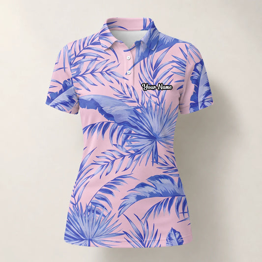 Personalised Pink Lavender Tropical Palm Leaf Golf Polo Shirt For Women M3354