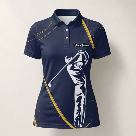 Personalised Navy Gold Golfer Swing Silhouette Golf Polo Shirt For Women A1639