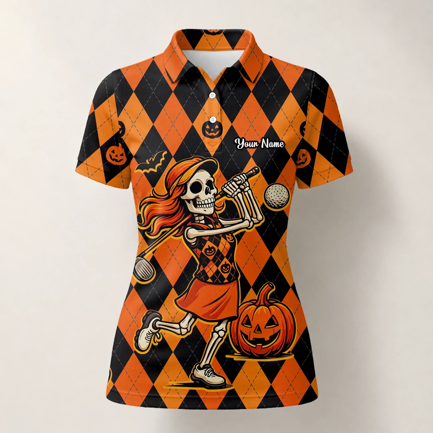 Personalised Orange Black Halloween Skeleton Golfer Pumpkin Argyle Golf Polo Shirt For Women Z9562