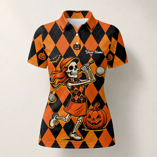 Personalised Orange Black Halloween Skeleton Golfer Pumpkin Argyle Golf Polo Shirt For Women Z9562
