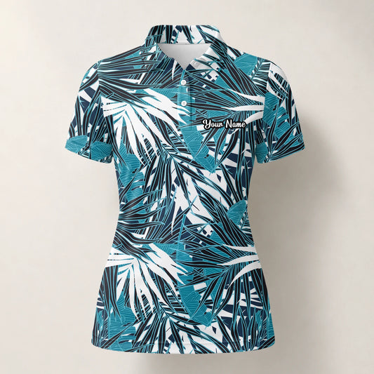 Personalised Teal Black White Palm Leaf Golf Polo Shirt For Women S8543