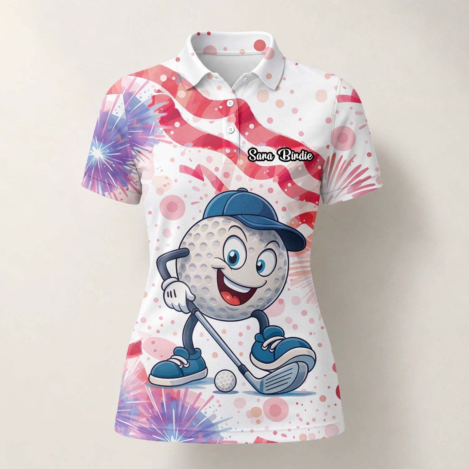 Personalised White Pink Golf Ball Cartoon Firework Golf Polo Shirt For Women C2083