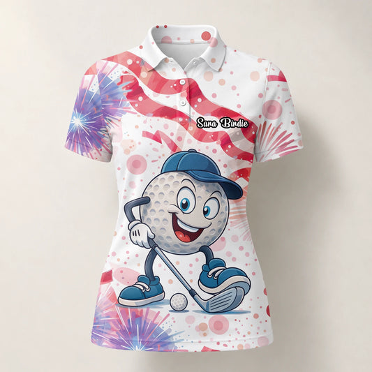 Personalised White Pink Golf Ball Cartoon Firework Golf Polo Shirt For Women C2083