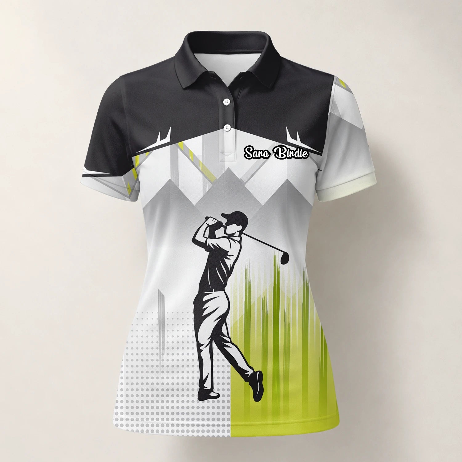 Personalised Black Grey Lime Golfer Silhouette Golf Polo Shirt For Women F4552