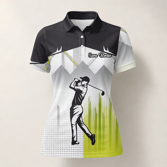 Personalised Black Grey Lime Golfer Silhouette Golf Polo Shirt For Women F4552