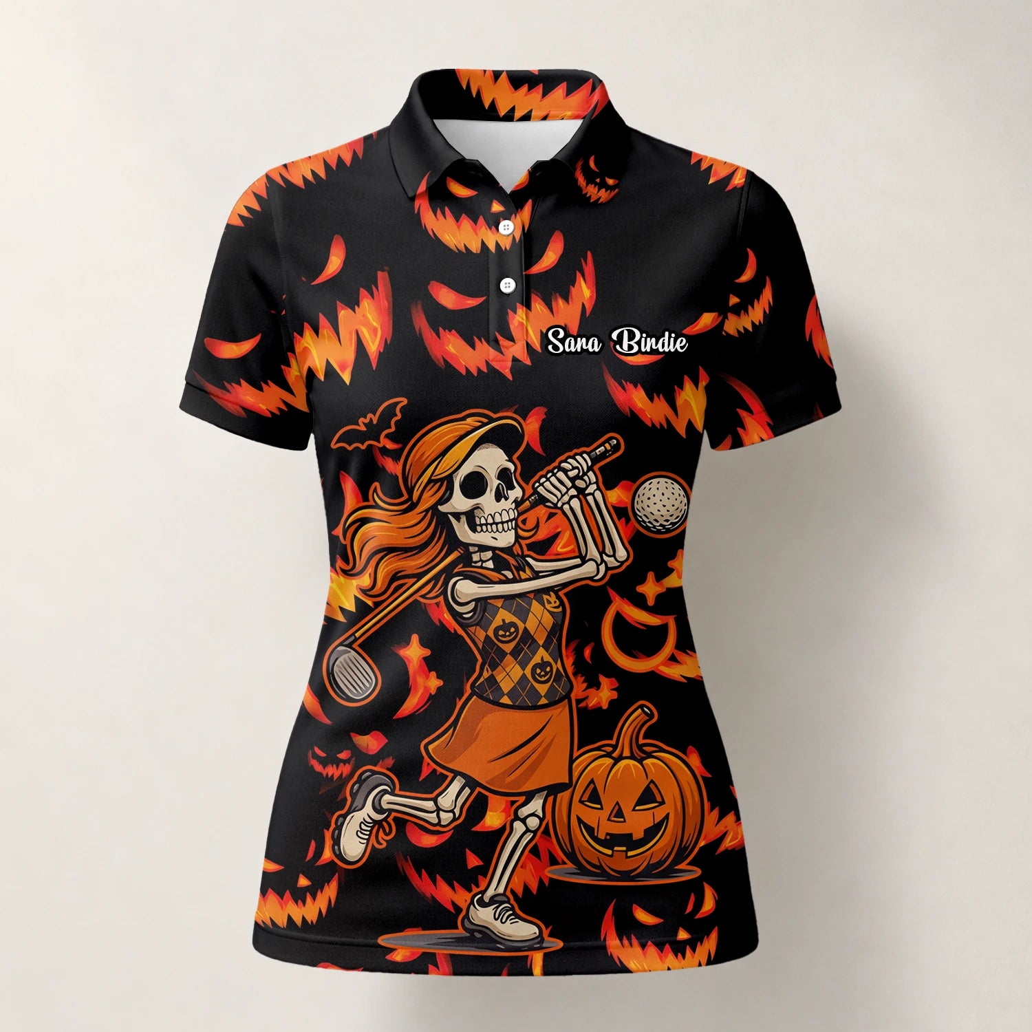 Personalised Black Orange Halloween Skeleton Golfer Pumpkin Golf Polo Shirt For Women N7108
