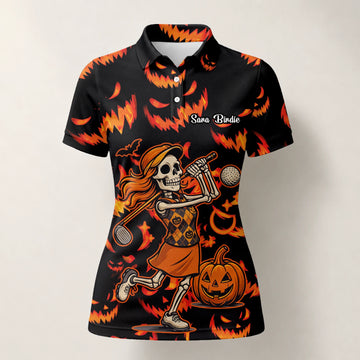 Personalised Black Orange Halloween Skeleton Golfer Pumpkin Golf Polo Shirt For Women N7108