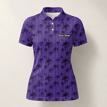 Personalised Purple Palm Tree Silhouette Golf Polo Shirt For Women P3247