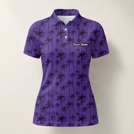 Personalised Purple Palm Tree Silhouette Golf Polo Shirt For Women P3247