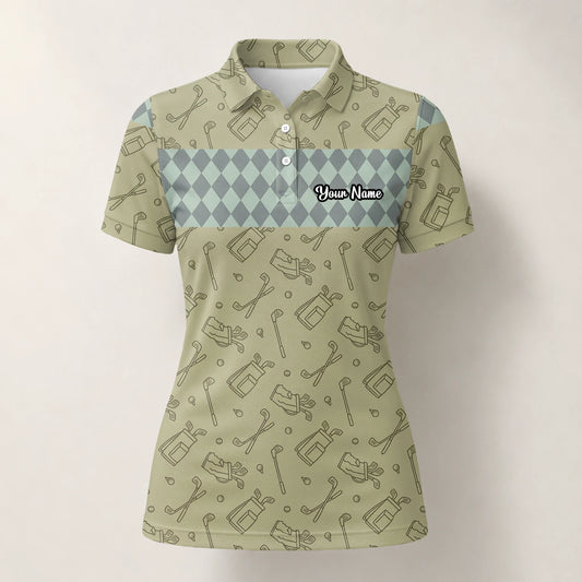 Personalised Khaki Golf Club Sketch Argyle Golf Polo Shirt For Women K5983