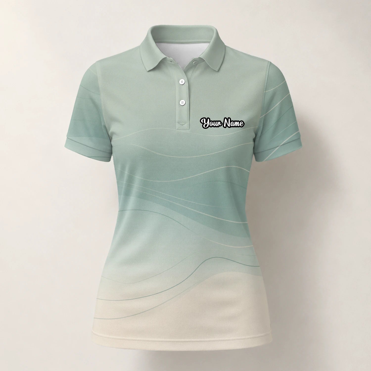 Personalised Sage Green Beige Abstract Wave Golf Polo Shirt For Women X8036