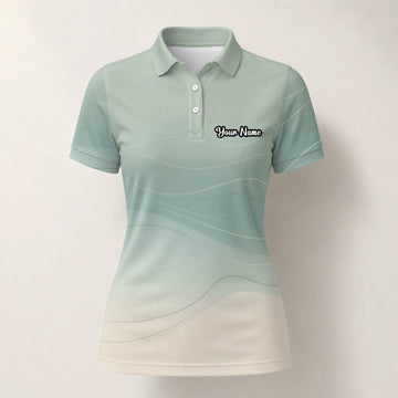 Personalised Sage Green Beige Abstract Wave Golf Polo Shirt For Women X8036