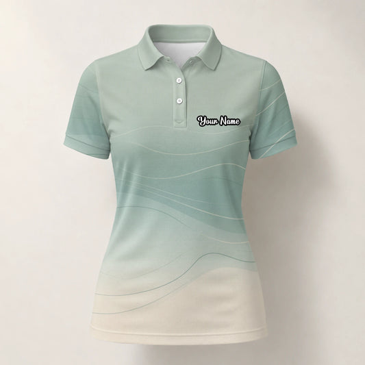 Personalised Sage Green Beige Abstract Wave Golf Polo Shirt For Women X8036