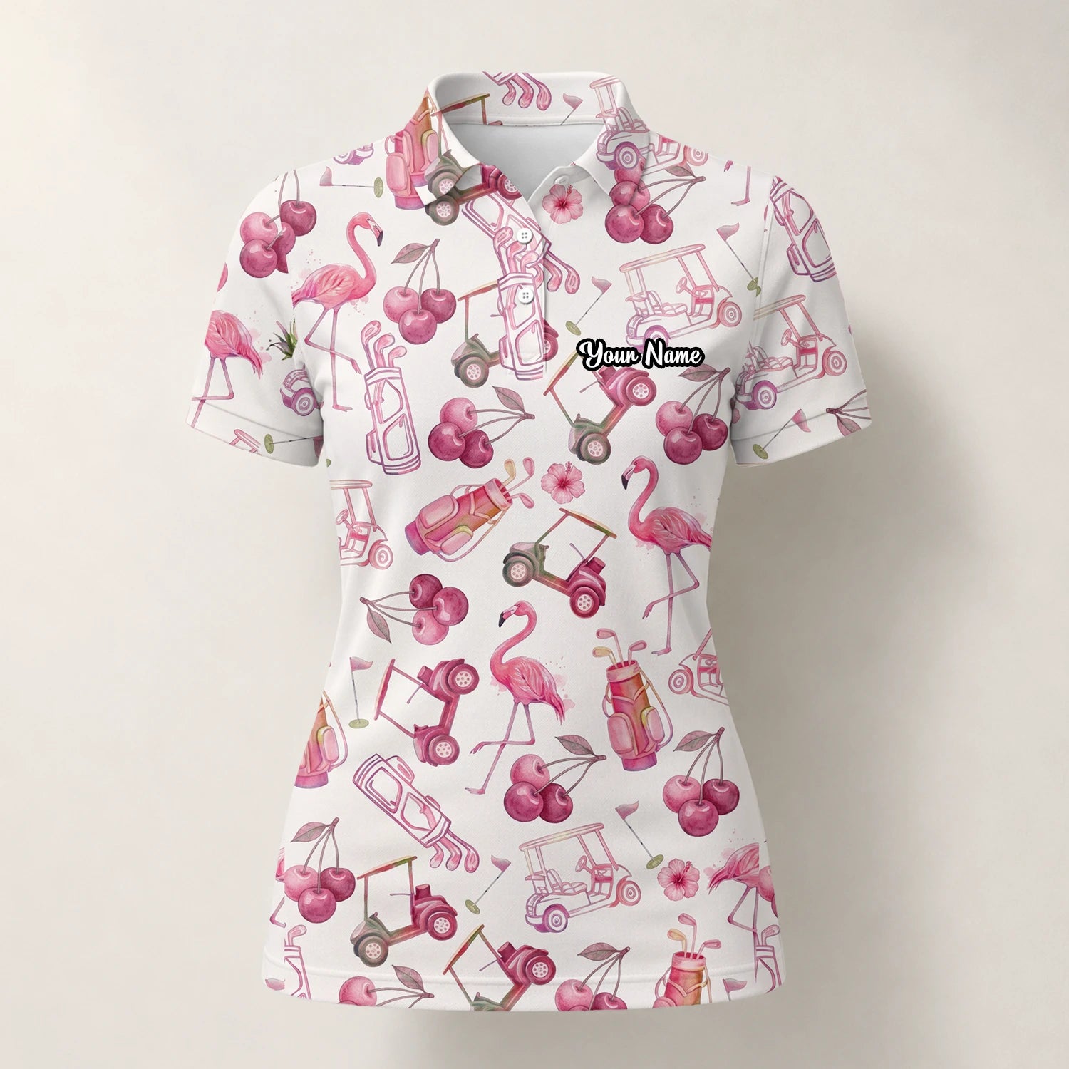 Personalised Cream Pink Flamingo Golf Cart Cocktail Golf Polo Shirt For Women T9296
