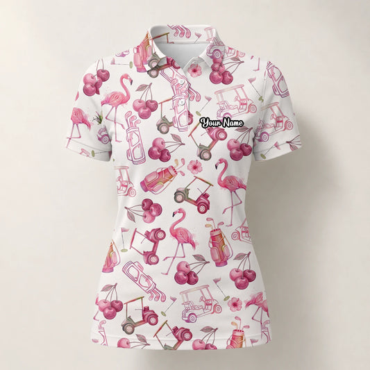 Personalised Cream Pink Flamingo Golf Cart Cocktail Golf Polo Shirt For Women T9296