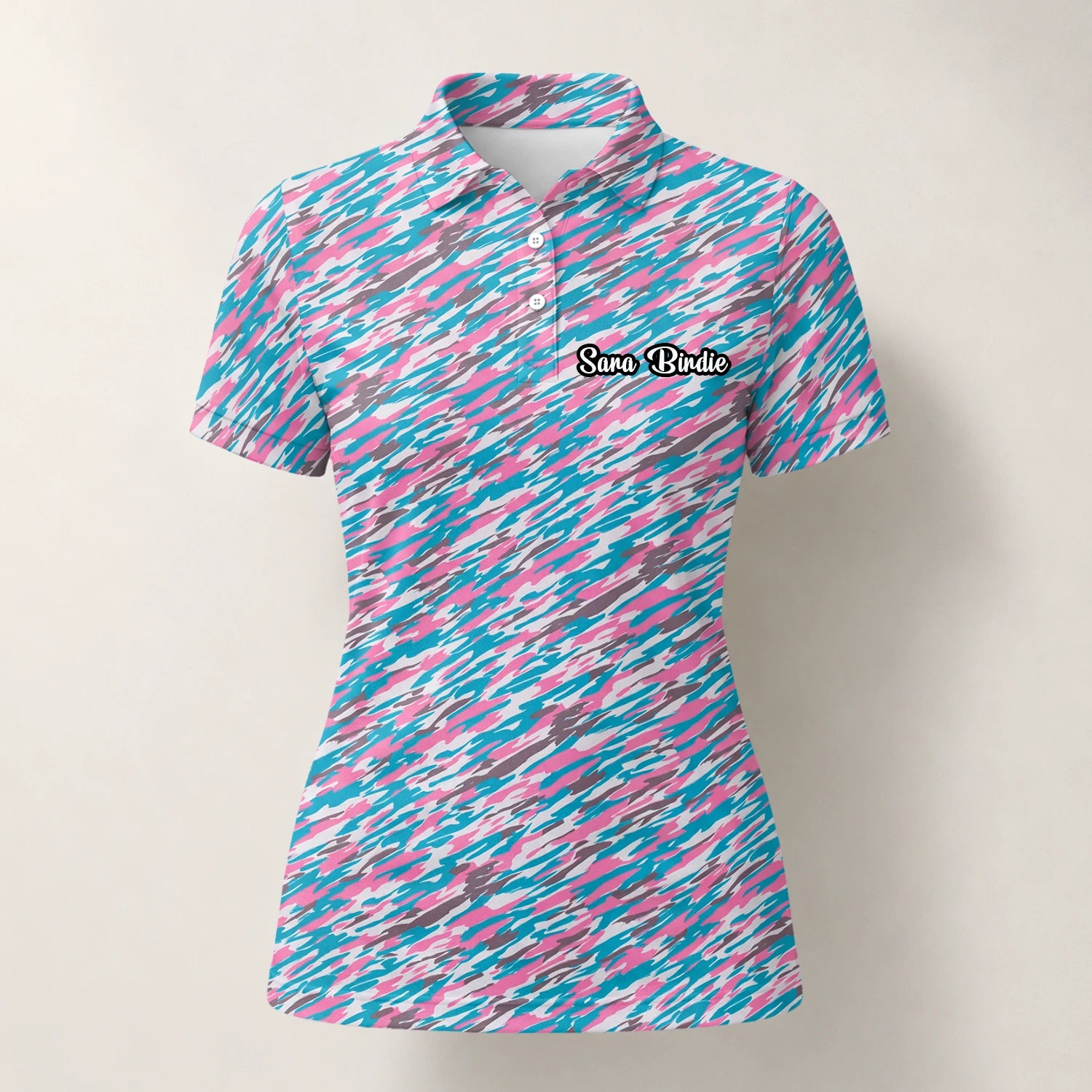Personalised Pink Teal Abstract Speckle Golf Polo Shirt For Women S1159
