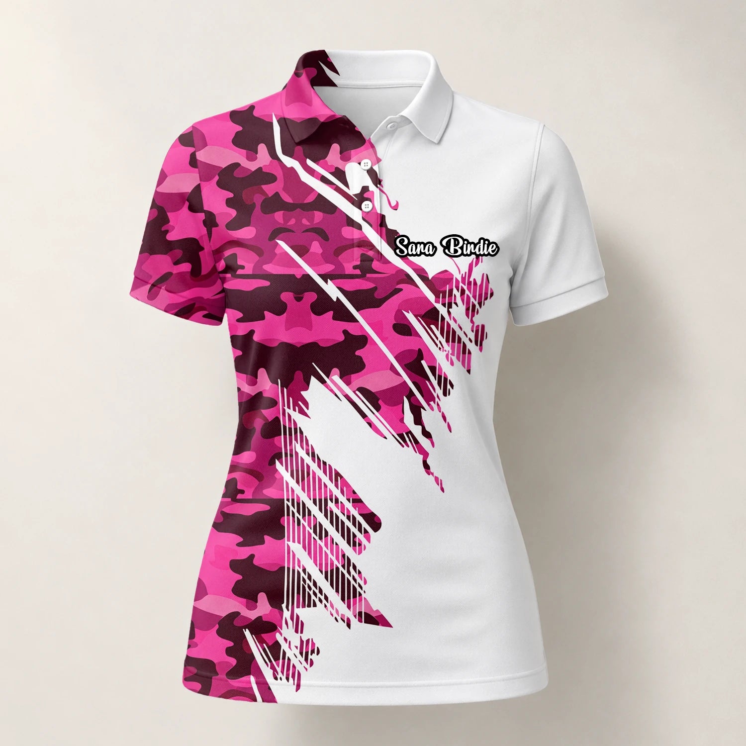 Personalised White Pink Camo Brush Stroke Golf Polo Shirt For Women S6501