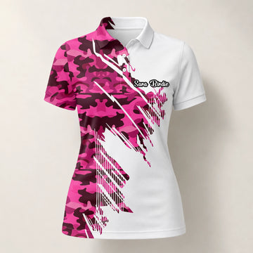 Personalised White Pink Camo Brush Stroke Golf Polo Shirt For Women S6501