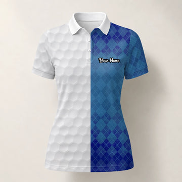 Personalised White Blue Argyle Golf Ball Texture Golf Polo Shirt For Women M9214