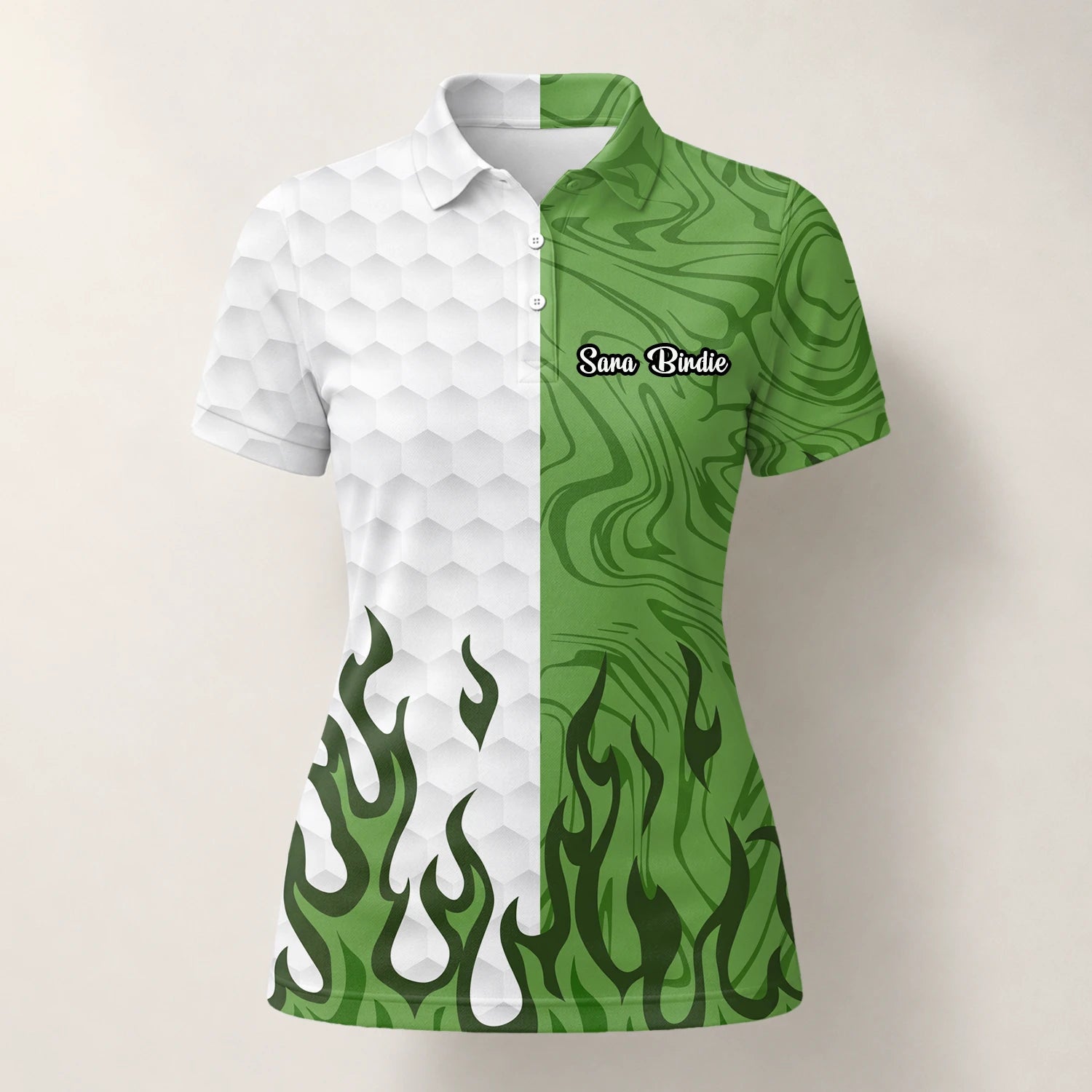 Personalised White Green Flame Marble Golf Polo Shirt For Women D2353