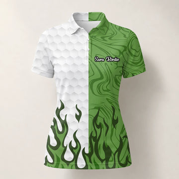 Personalised White Green Flame Marble Golf Polo Shirt For Women D2353