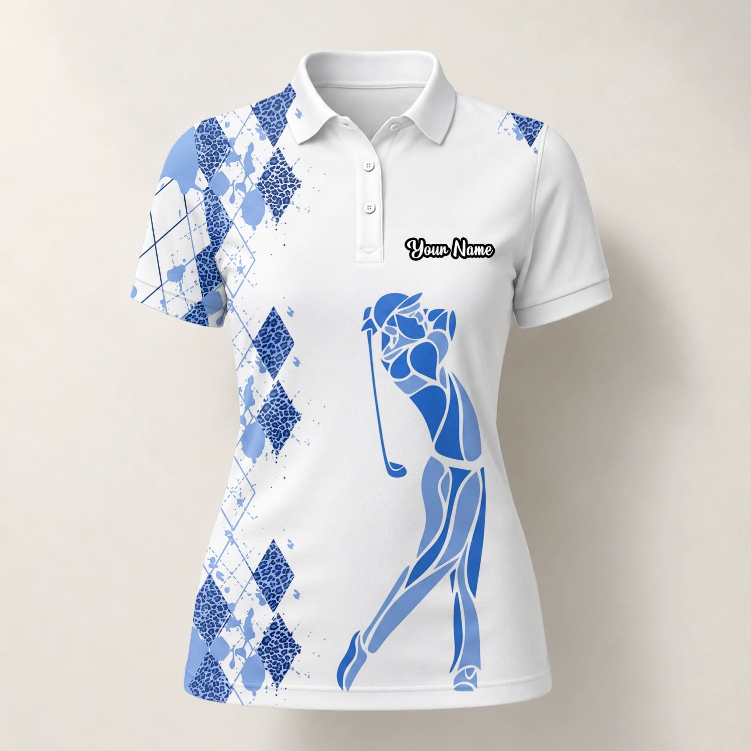 Personalised White Blue Argyle Golfer Silhouette Golf Polo Shirt For Women V2037