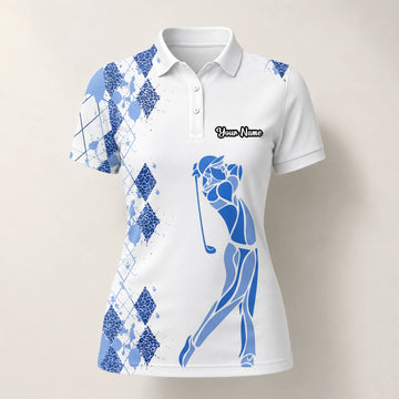 Personalised White Blue Argyle Golfer Silhouette Golf Polo Shirt For Women V2037