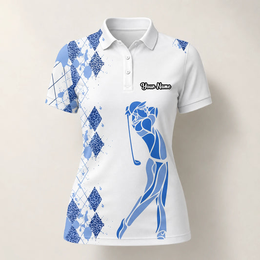 Personalised White Blue Argyle Golfer Silhouette Golf Polo Shirt For Women V2037