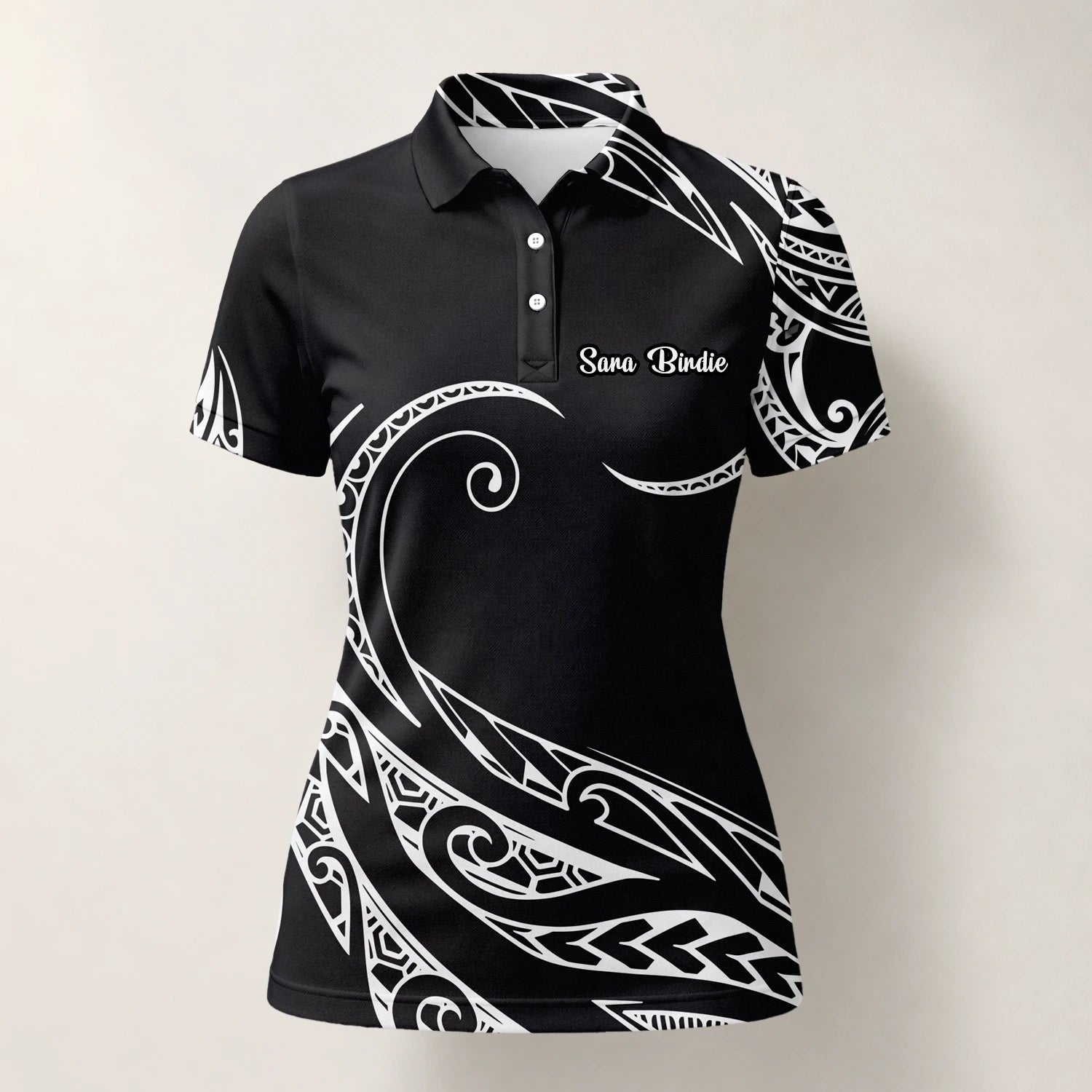 Personalised Black White Tribal Wave Golf Polo Shirt For Women R9560