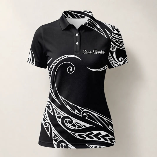 Personalised Black White Tribal Wave Golf Polo Shirt For Women R9560