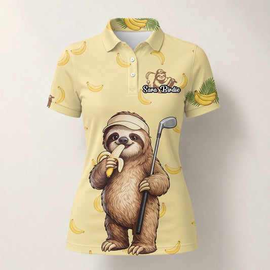 Personalised Pale Yellow Sloth Banana Golfer Cartoon Golf Polo Shirt For Women G3327