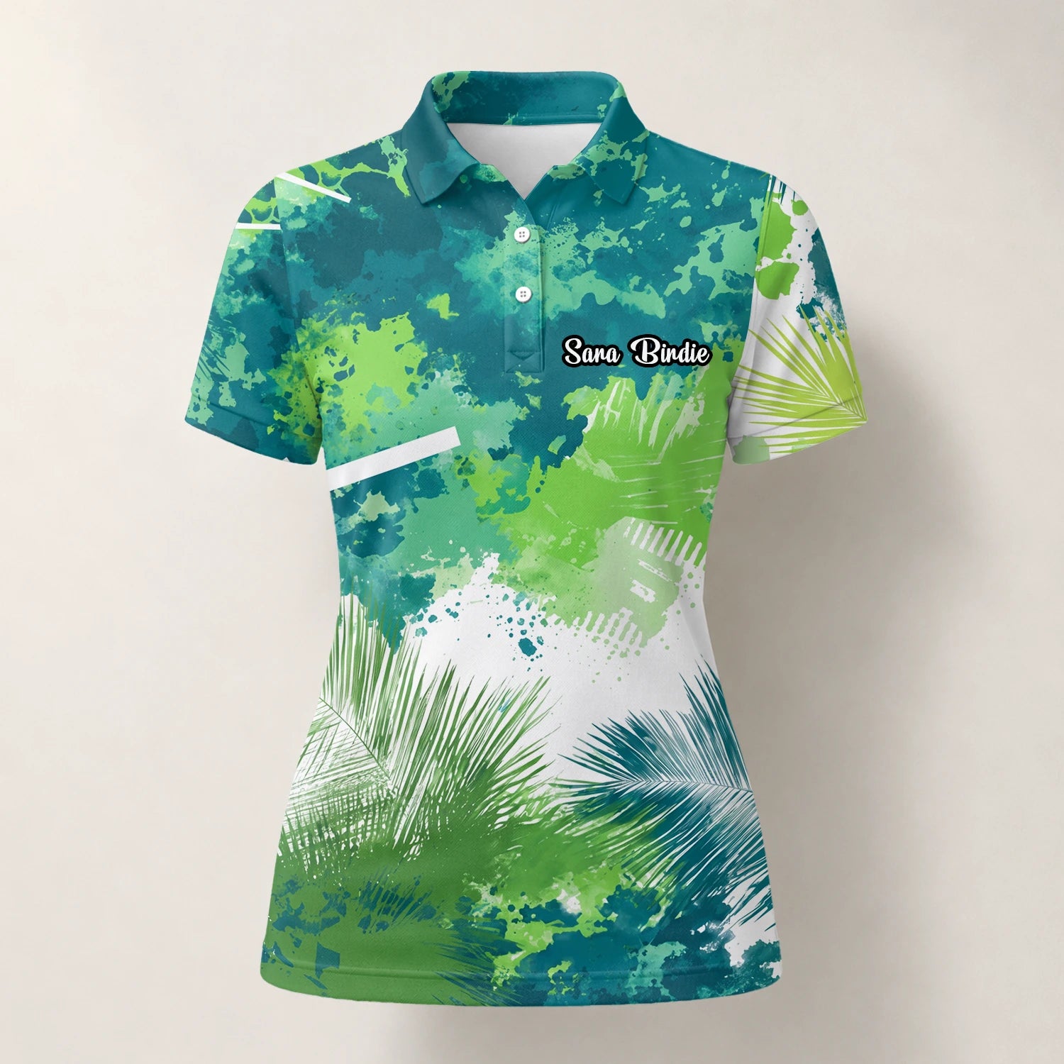 Personalised Green Blue Tropical Leaf Paint Splash Golf Polo Shirt For Women B7869