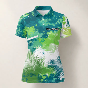 Personalised Green Blue Tropical Leaf Paint Splash Golf Polo Shirt For Women B7869