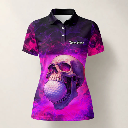 Personalised Purple Pink Skull Golf Ball Smoke Golf Polo Shirt For Women L7637
