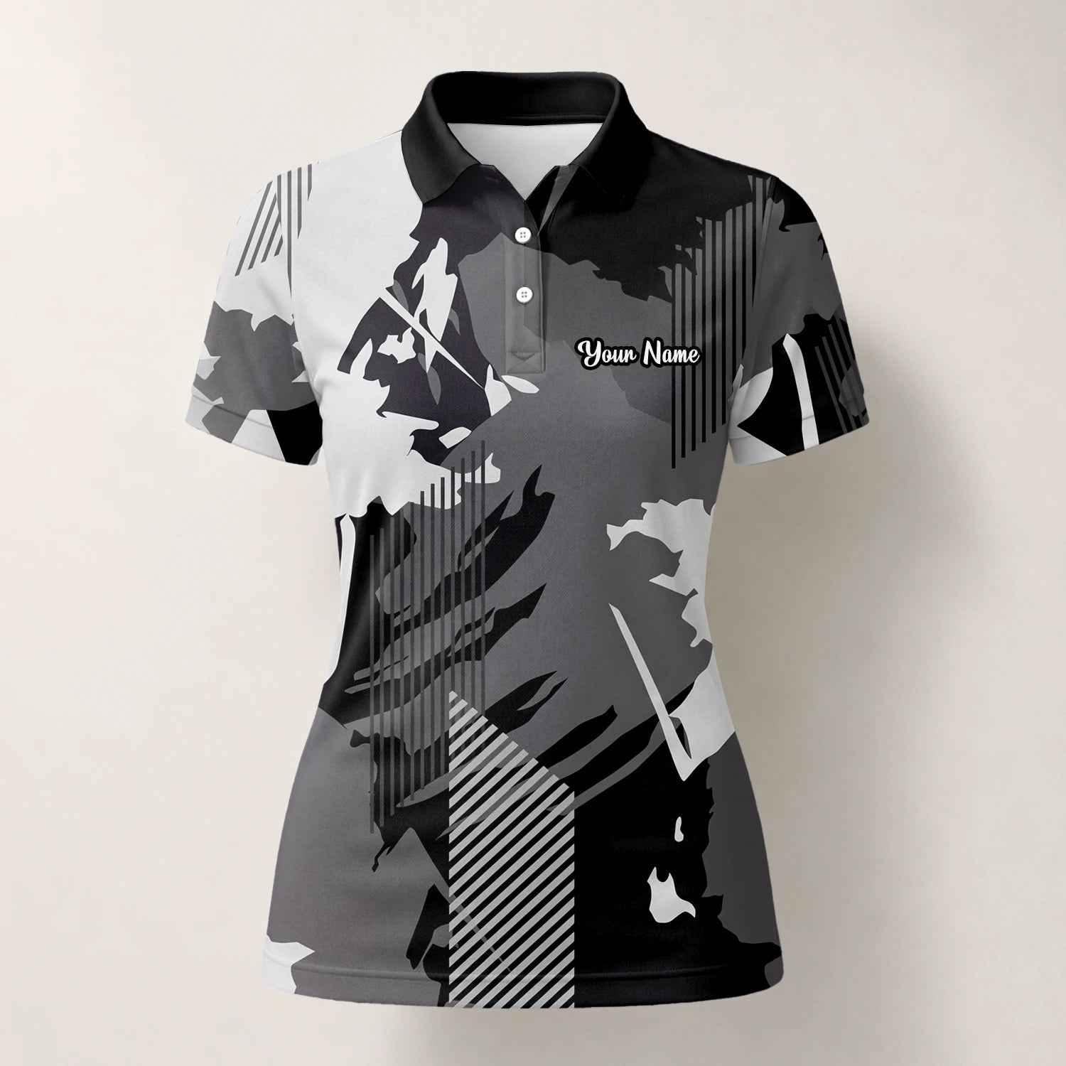 Personalised Grey Black Abstract Brush Stripe Golf Polo Shirt For Women I7293