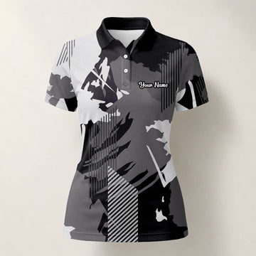 Personalised Grey Black Abstract Brush Stripe Golf Polo Shirt For Women I7293